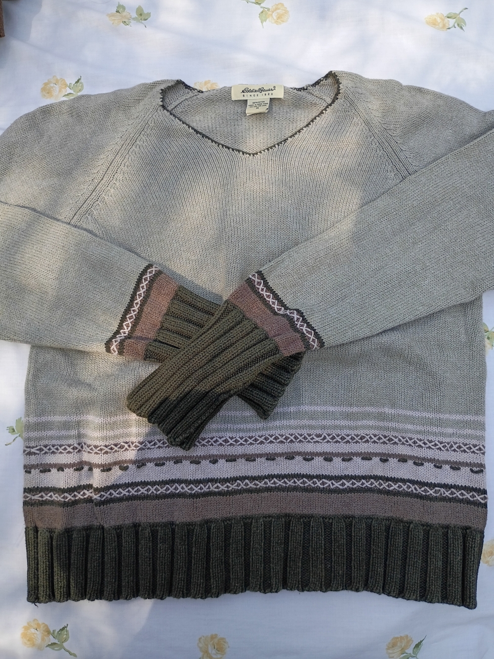Eddie Bauer Women's V-Neck Pullover Sweater in Sage with Olive & Mauve Accents